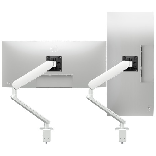 ATDEC Ora-F Duo White monitor arms, dual white adjustable mounts for two monitors, Ora universal fit.