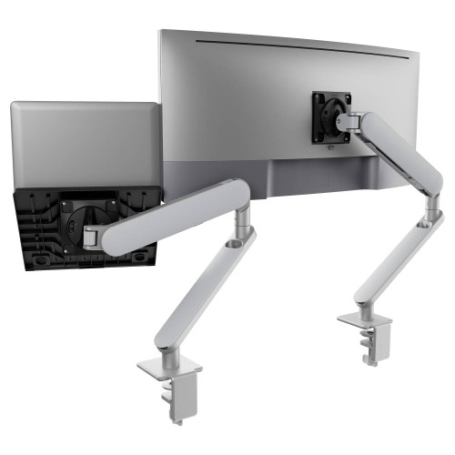 ATDEC Ora Duo laptop combo silver, AW-ORA-F-DUO-AWM-N-S monitor arm with laptop tray.