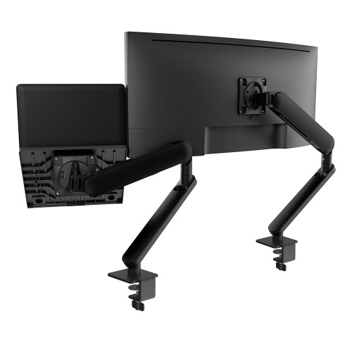 ATDEC AW-ORA-C-DUO-AWM-N-B black Ora-C Duo Laptop Combo with two monitor arms and laptop tray attached.