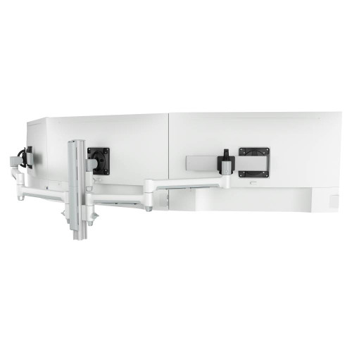 ATDEC AWMS-3-137S4 White triple monitor mount with adjustable arms for 27" displays, ergonomic design.