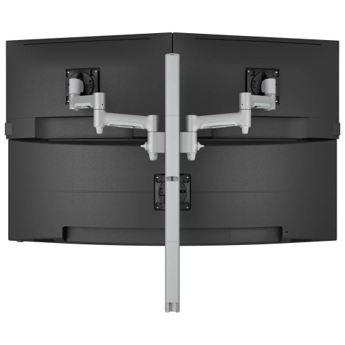 ATDEC AWMS-3-TH467 Silver triple stack monitor stand with ultrawide dual displays installed, 'awms-3-th467-g-s' ergonomic setup.