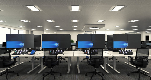 ATDEC AWMS-3-TH467 triple monitor stack setup with ultrawide and two smaller screens black.