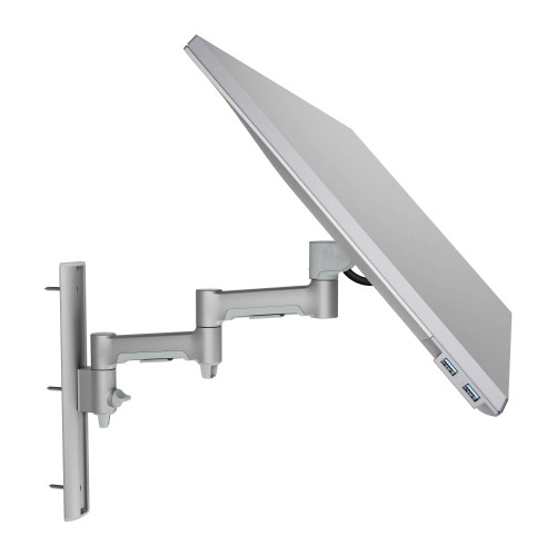 ATDEC AWMS-46W35 Silver single swing arm monitor mount, 34" capacity, wall channel mounted, deep tilt adjustable.