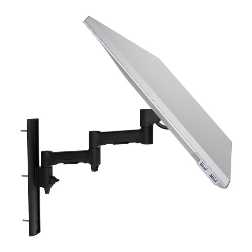 ATDEC AWMS-46W35-B wall mounted monitor arm with black screen, silver joints and adjustable stand