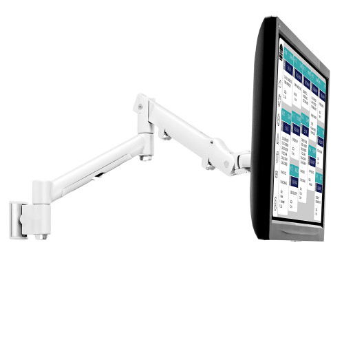ATDEC AWMS-DW6 White monitor arm with a white screen, adjustable and ergonomic design for landscape position.