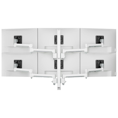ATDEC AWMS-6-13717 white hex solution monitor mount for six 24-inch screens, ergonomic setup.