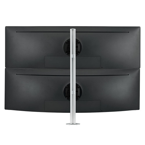 ATDEC AWMS-2-LTH75 Silver heavy duty dual monitor mount holds two ultrawide curved displays vertically.