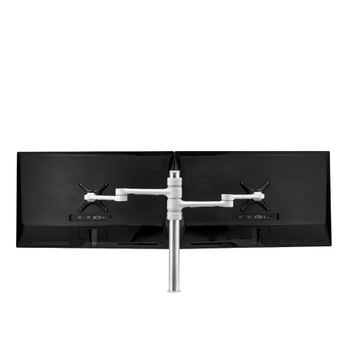 ATDEC AFS-AT-DC desk mount with dual monitor arms in polished silver and white, 27" desktop support.