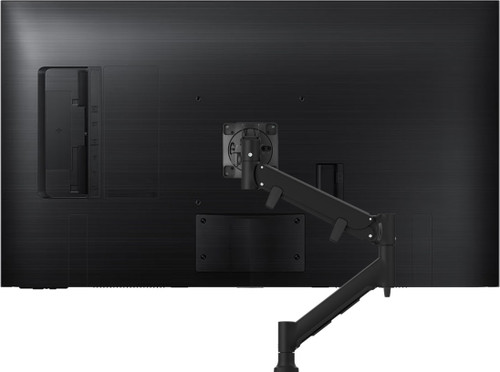 ATDEC AWMS-HXB in black shown with 43-inch monitor, fully dynamic function, choice of desk fixing