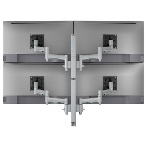 ATDEC AWMS-4-4675 Silver Quad Monitor Mount holding four 32" screens in two-over-two configuration setup.