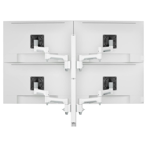 ATDEC Awms-4-4675 White monitor mount holding four up to 32-inch monitors in two-over-two configuration setup.