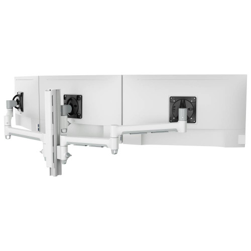 ATDEC Triple monitor mount AWMS-3-13714 White with swing arms and adjustable heads installed.