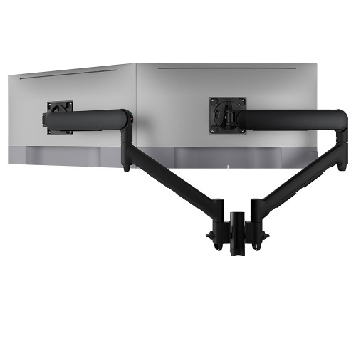 ATDEC AWMS-2-D13 black dual monitor mount with silver arms, adjustable and supports up to 27" monitors.