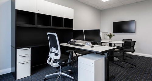 ATDEC AWMS-2-D13 Black monitor arm supporting dual 27" screens on sit-to-stand desk setup with smooth adjustability. ATDEC AWMS-2-D13 Black monitor arm supporting dual 27" screens on sit-to-stand desk setup with smooth adjustability.