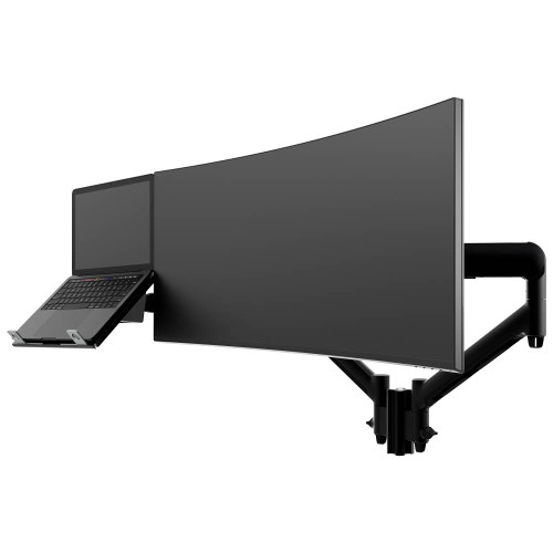 ATDEC AWMS-2-ND13 Black combo laptop-monitor mount with dynamic arms for optimal positioning and desk space efficiency.
