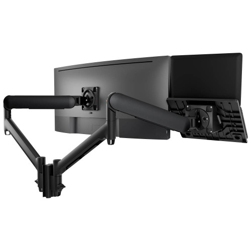 ATDEC AWMS-2-ND13 black laptop-monitor combo mount with dual dynamic arms for optimal positioning.