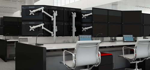ATDEC AWMS-6-46275 white hex solution with two posts holding six monitors, adjustable and sleek office setup.