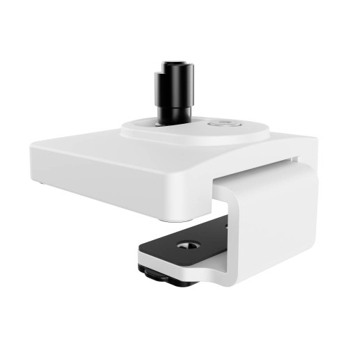 ATDEC White Ora AW-FCT-W desk clamp component with black mounting piece and steel details.