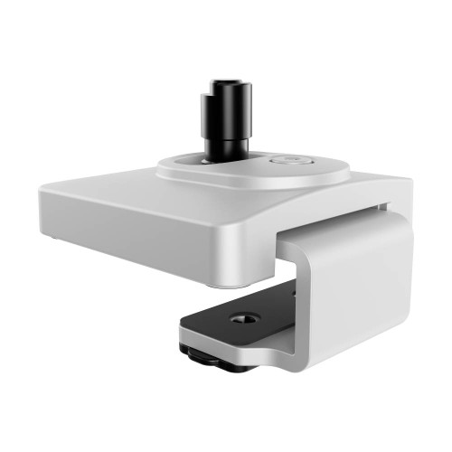 ATDEC AW-FCT-S Ora desk clamp in silver, top-fixing component with black adjustment knob and steel details. ATDEC AW-FCT-S Ora desk clamp in silver, top-fixing component with black adjustment knob and steel details.