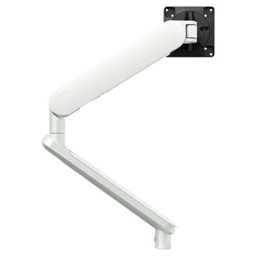 ATDEC AWS-ORA White monitor arm with white and black parts, sleek design and sturdy construction.