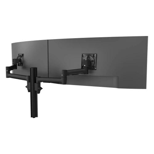 ATDEC Black AWMS-2-5940 monitor arm holding two side-by-side curved monitors with adjustable swing arms.