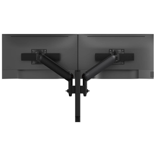 ATDEC AWMS-2-LDS40 black dual monitor arm holding two 27-34" monitors side-by-side with central post.