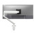 ATDEC AW-ORA-F-W white monitor arm with F-clamp, attached to a silver screen and office desk, commercial grade monitor.
