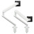 ATDEC Two white Ora-F Duo monitor arms with black mounts, adjustable and sleek design, Ora Duo setup.