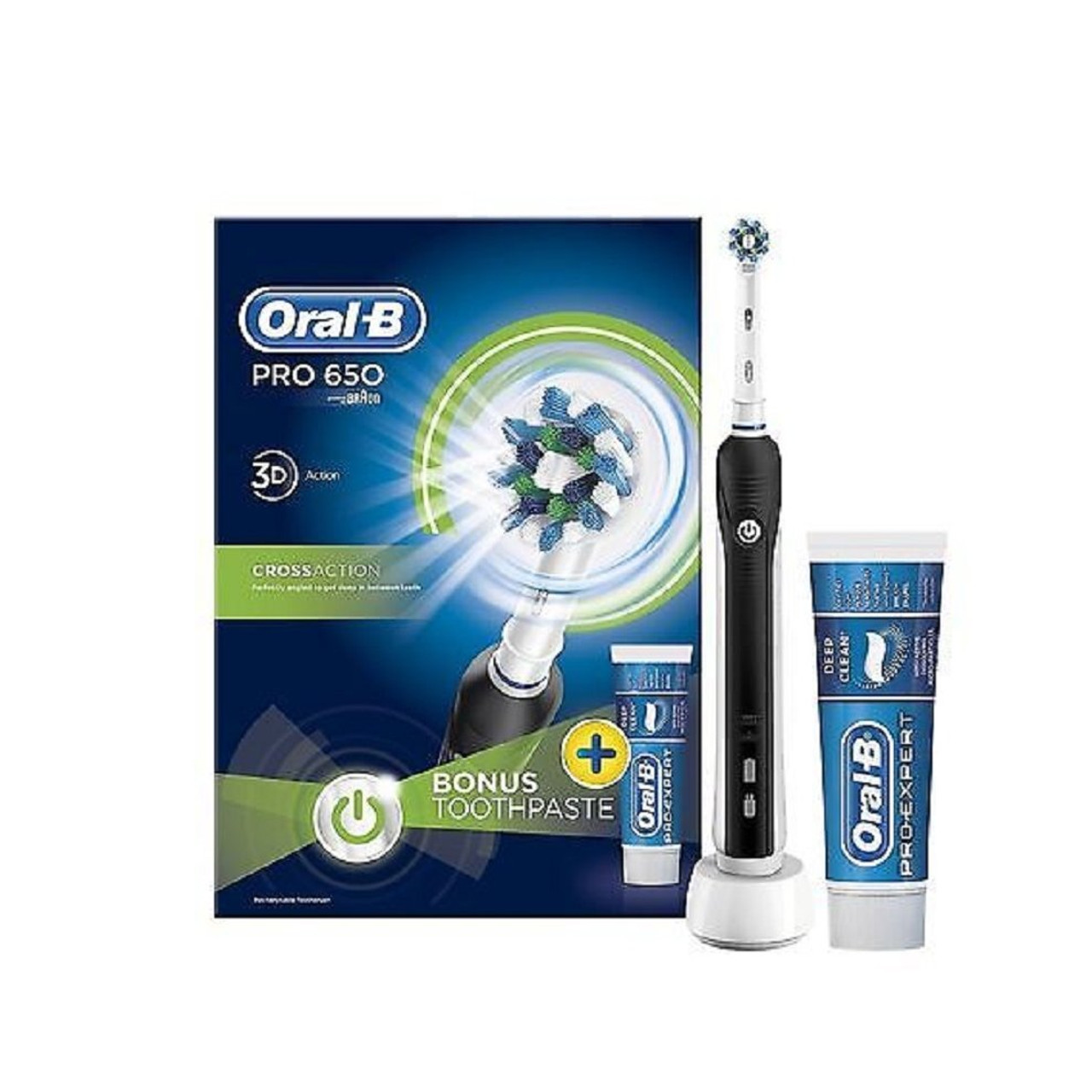 Oral-B PRO 650 Black CrossAction Electric Rechargeable Toothbrush Toothpaste Set
