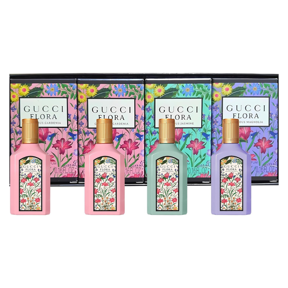 Gucci Flora Mini Fragrance Gift Set featuring four 5ml Eau de Parfum bottles in a floral-themed luxury gift box – includes Gorgeous Gardenia, Gorgeous Jasmine, Gorgeous Magnolia, and Flora by Gucci scents