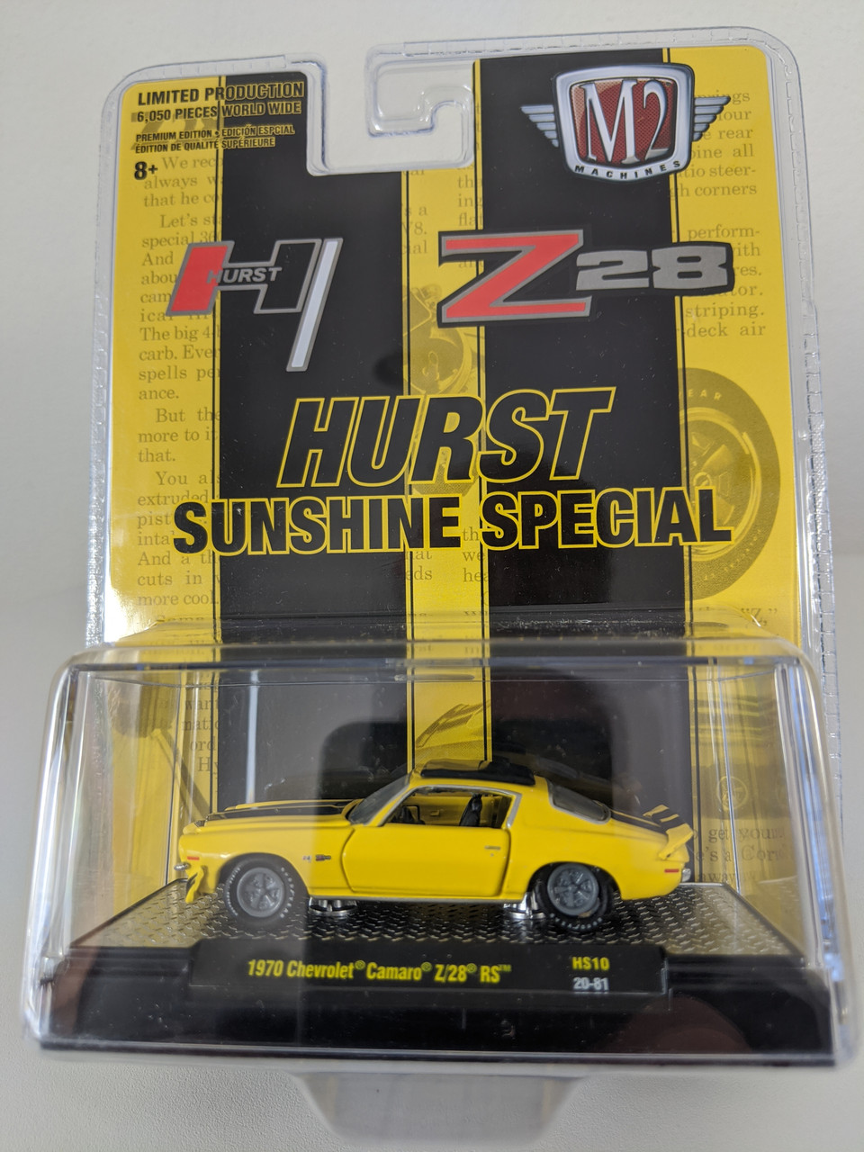 1:64 1970 Chevrolet Camaro Z28 RS Yellow with Black Stripes Hurst Sunshine  Special, Hobby Exclusive by M2