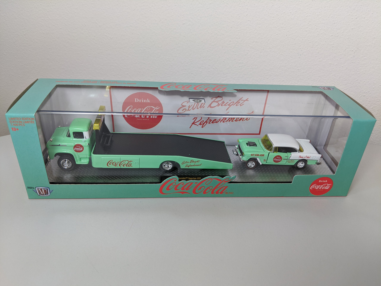 1:64 1958 Chevrolet Spartan LCF & 1955 Chev Bel Air Gasser with Coca-Cola  Graphics Auto Hauler by M2