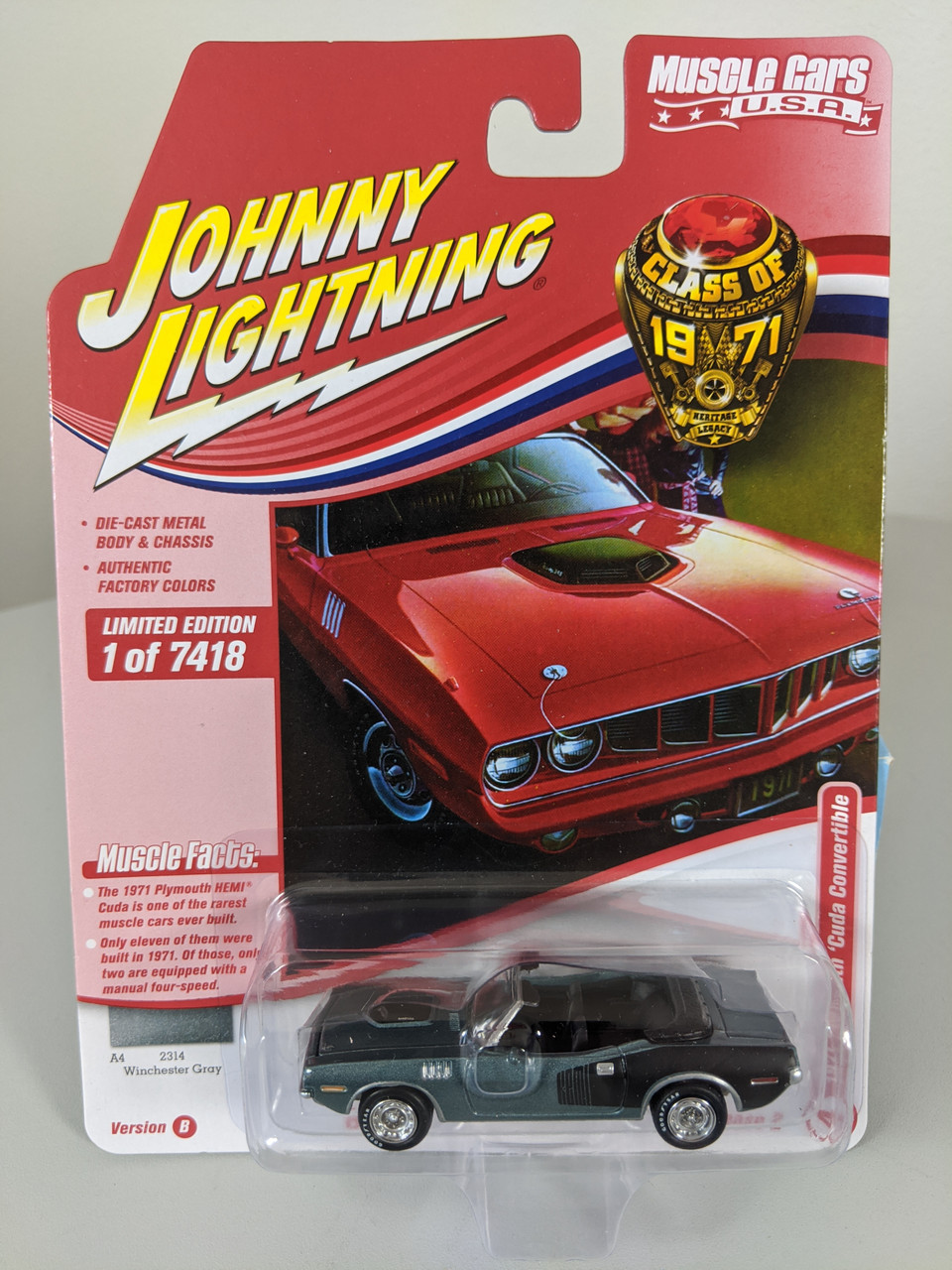 1:64 1971 Plymouth Hemi Cuda Convertible, Winchester Gray, Muscle Cars USA  by Johnny Lightning