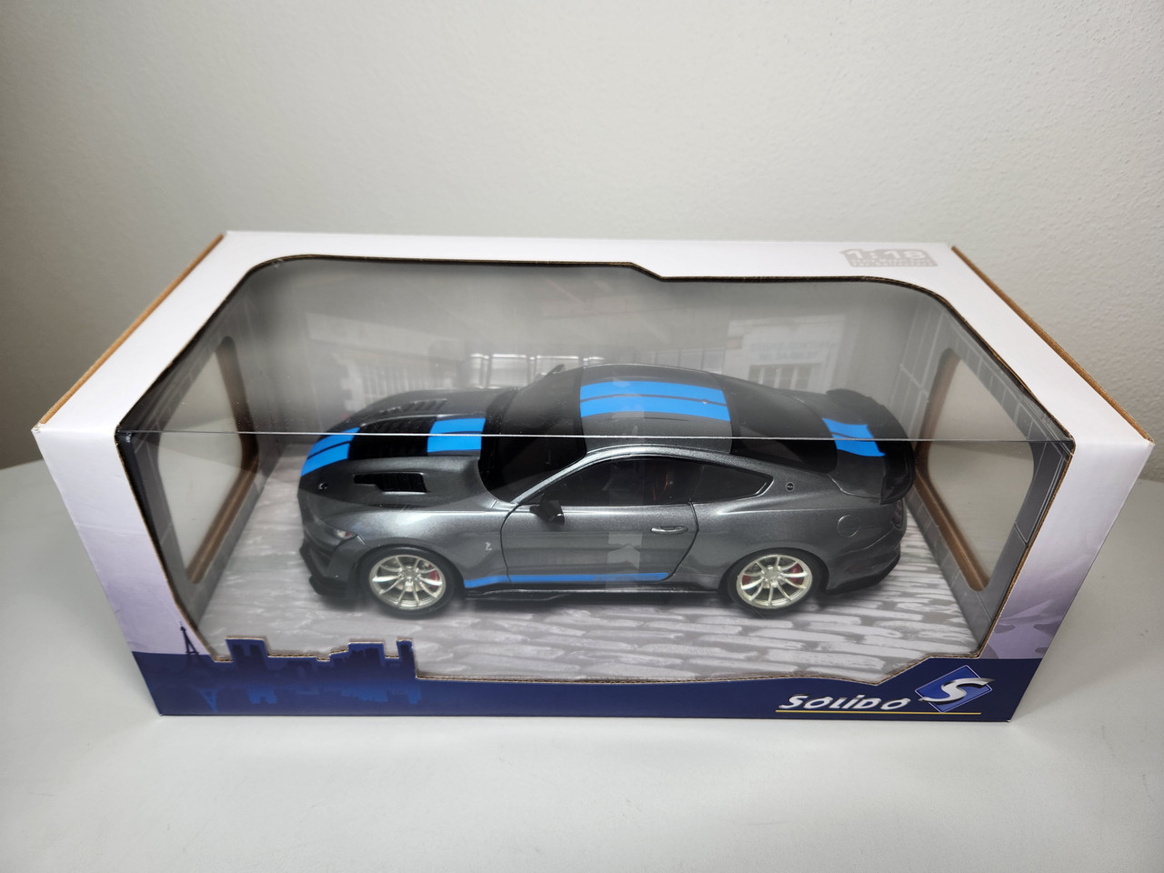 1:18 2022 Ford Shelby GT500KR, Silver with Blue Stripes by Solido