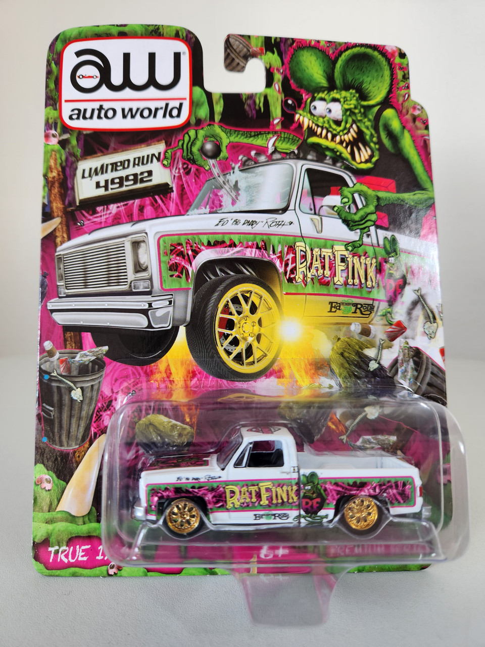 1:64 Chevrolet C-10 Square Body Pickup, Rat Fink, White, 2021 Super Con  Show Exclusive by Auto World