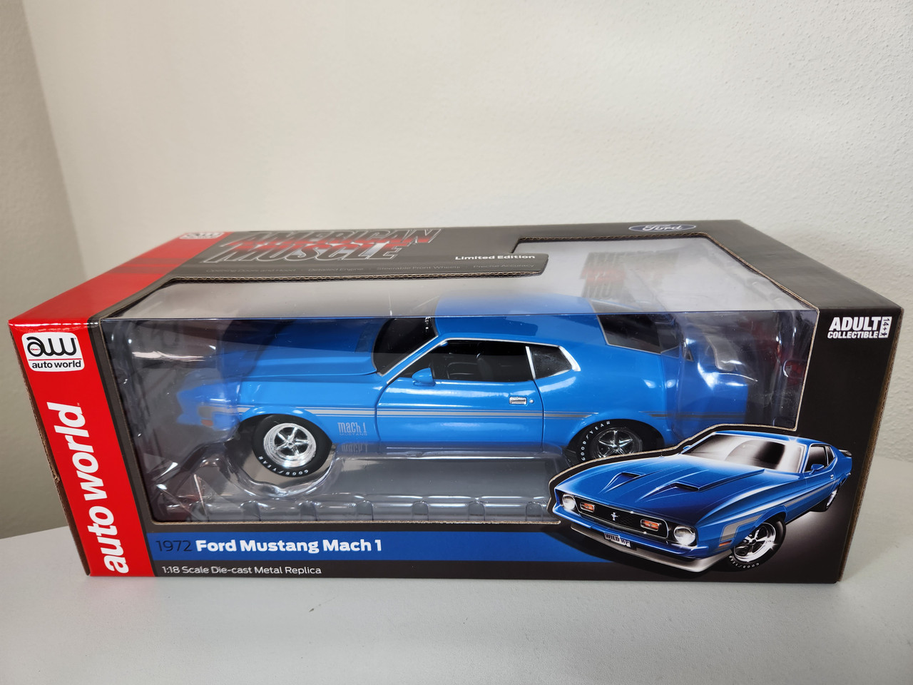 1:18 1972 Ford Mustang Mach 1 Grabber Blue by Auto World - Town and Country  Toys
