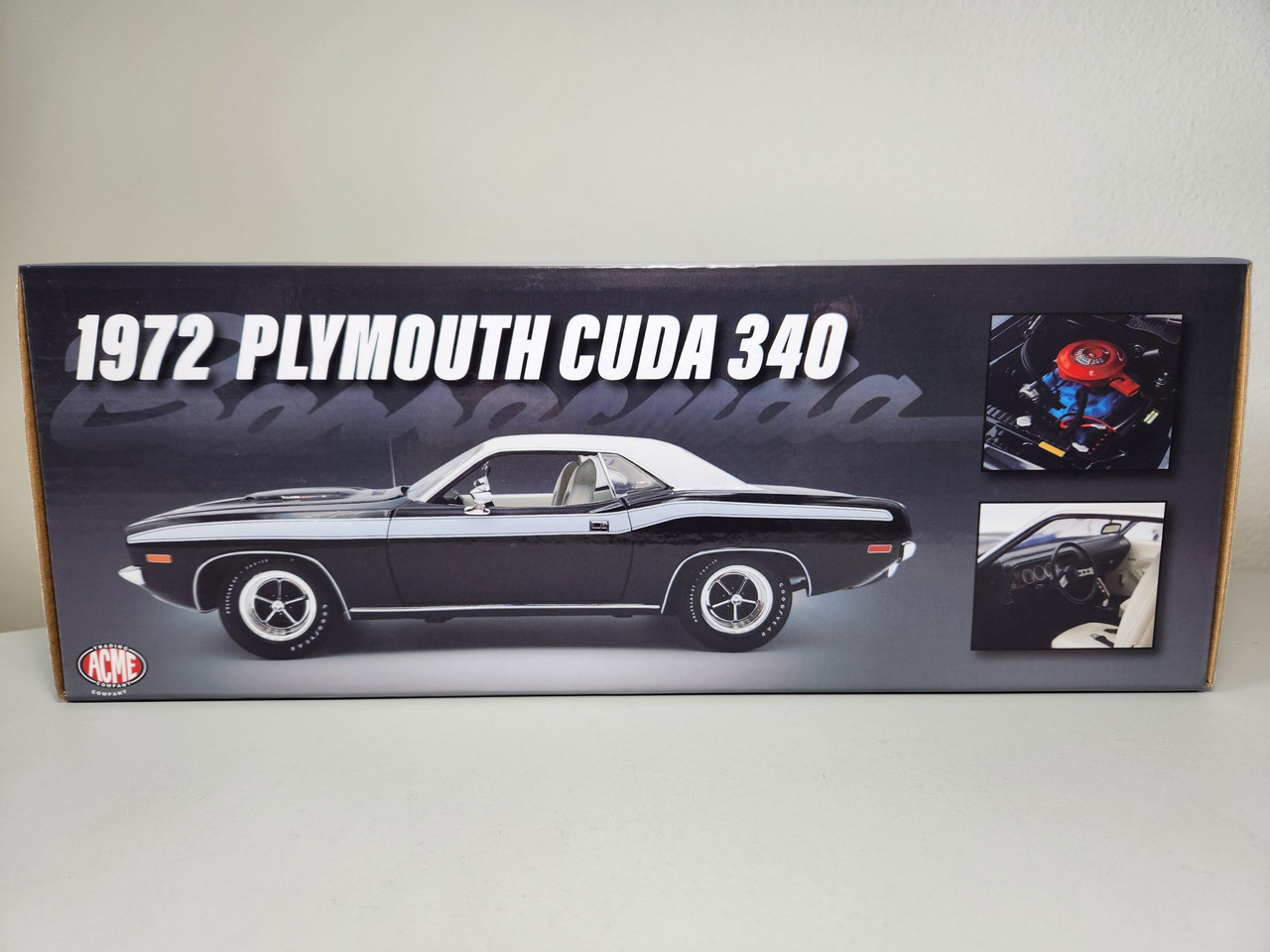 1:18 1972 Plymouth Cuda 340, Black with White Vinyl Top by ACME