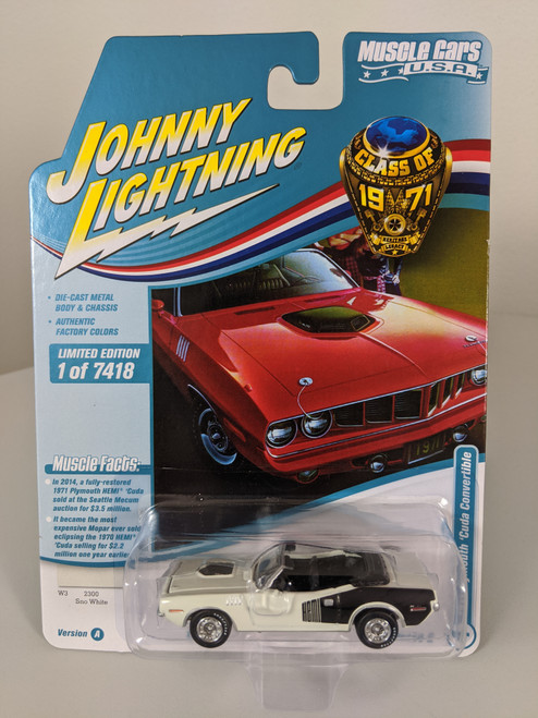 1:64 1971 Plymouth Hemi Cuda Convertible, Sno White, Muscle Cars USA by Johnny Lightning