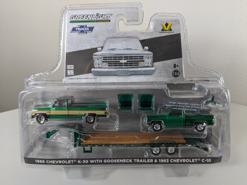 1:64 1986 Chevrolet K-30 Square Body Two Tone with Gooseneck Trailer and 1983 Chevrolet C-10, B&B H&T Plus Exclusive Green Machine