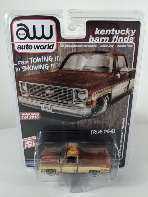 1:64 1974 Chevy Silverado Fleetside Square Body, Kentucky Barn Finds, Unrestored, Cowl Hood, Rusted by Auto World,  Surplusgoodies / LBE Exclusive