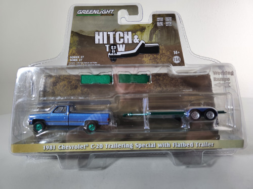 1:64 Hitch & Tow Series 27 - 1981 Chevrolet C-20 Trailering Special with Flatbed Trailer Green Machine