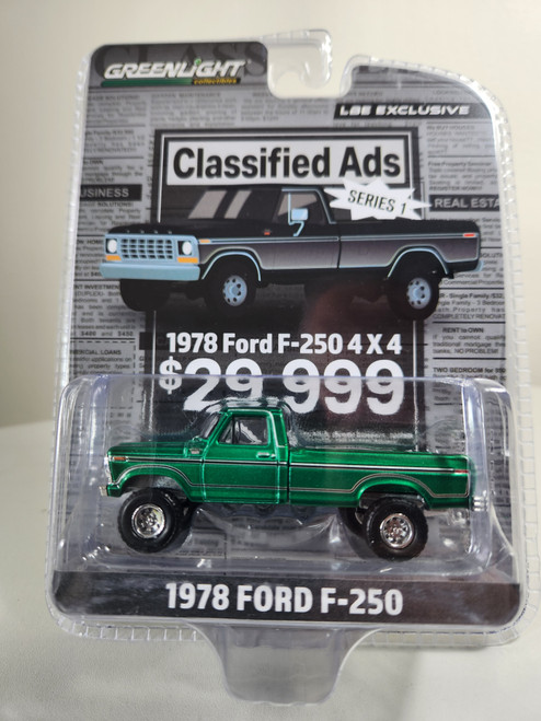 1:64 1978 Ford F-250 4x4 Pickup Black & Silver Classified Ads Series 1 LBE Exclusive Green Machine by GreenLight