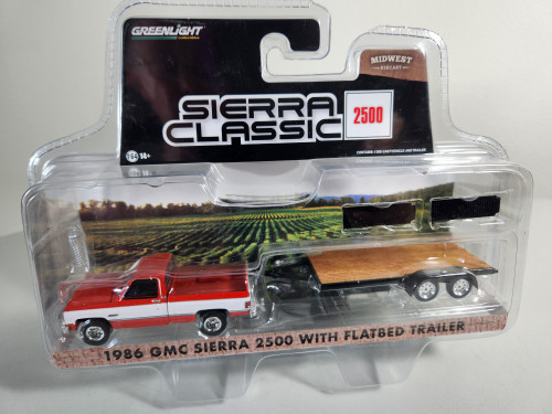 1:64 1986 GMC Sierra 2500 Pickup Red & White with Flatbed Trailer, Midwest Exclusive by GreenLight