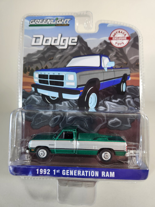 1:64 1992 1st Generation Dodge Ram, Blue & Silver, Outback Toys Exclusive Green Machine by GreenLight