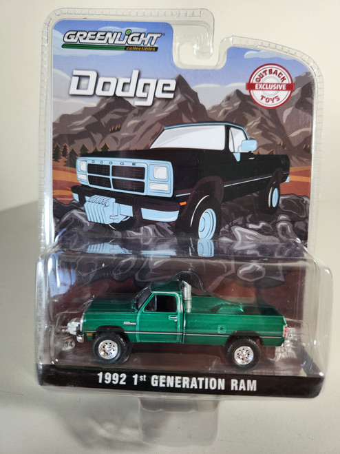 1:64 1992 1st Generation Dodge Ram, Black Pulling Truck, Outback Toys Exclusive Green Machine by GreenLight