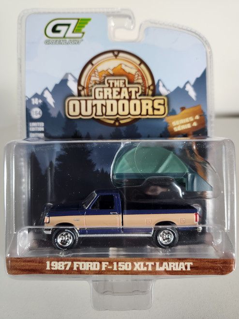 1:64 The Great Outdoors Series 4 - 1987 Ford F-150 XLT Lariat - Dark Blue and Tan with Modern Truck Bed Tent