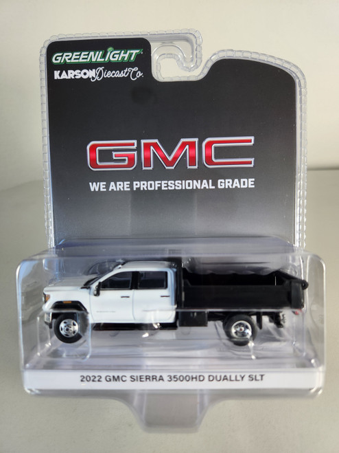 1:64 2022 GMC Sierra 3500HD Dually SLT Summit White with Black Dump Bed, Karson Diecast Exclusive by GreenLight