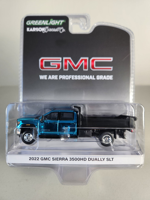 1:64 2022 GMC Sierra 3500HD Dually SLT Blue Chrome with Black Dump Bed, Karson Diecast Exclusive Chrome Chase by GreenLight