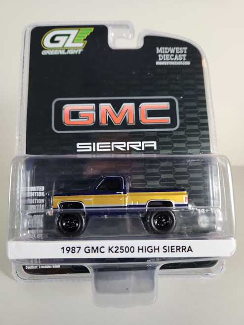 1:64 1987 GMC K2500 High Sierra 4x4 Square Body, Lifted, Stone Blue Metallic & Gold, Midwest Diecast Exclusive by GreenLight
