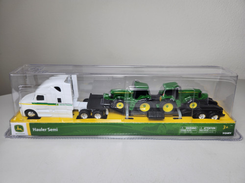 1:64 Freightliner with White Cab and Lowboy Hauler with 2 John Deere Tractors by Ertl